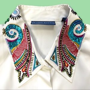 Vintage 90s Embellished White Blouse Sz 12/L Embroidered Colorful Beaded Sequin